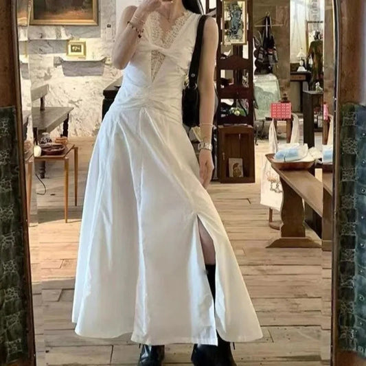 Y2k White Long Dresses Lace Patchwork Spring Summer Dress V Neck Korean Vestidos Mujer