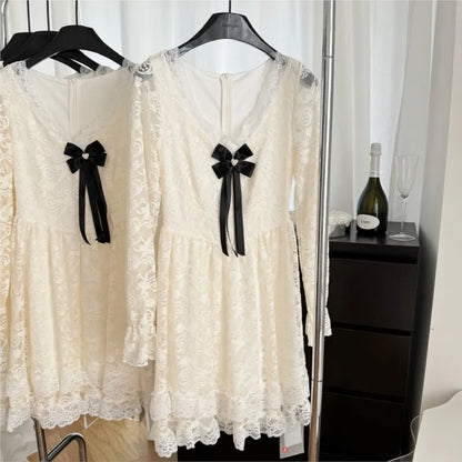Lace Mini Dresses V-neck Long Sleeve Ruffles A-line Autumn New Sweet Korean Party Dress Female Vestidos