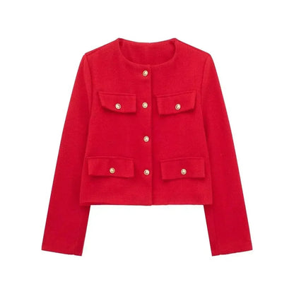 Button Fake Pocket Jacket O-neck Long Sleeve Single Breasted Cropped Coats New Lady Outerwear