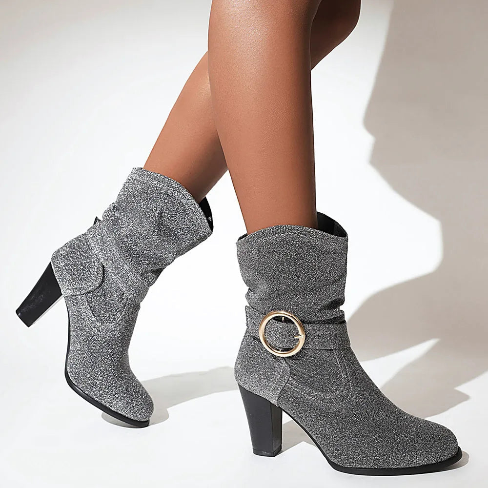 New Pointed Toe Square Root Female Midcalf Boots Shiny Buckle Autumn and Winter Party Shoes Woman