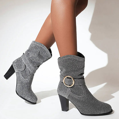 New Pointed Toe Square Root Female Midcalf Boots Shiny Buckle Autumn and Winter Party Shoes Woman