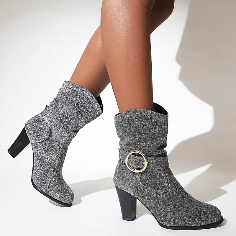 New Pointed Toe Square Root Female Midcalf Boots Shiny Buckle Autumn and Winter Party Shoes Woman
