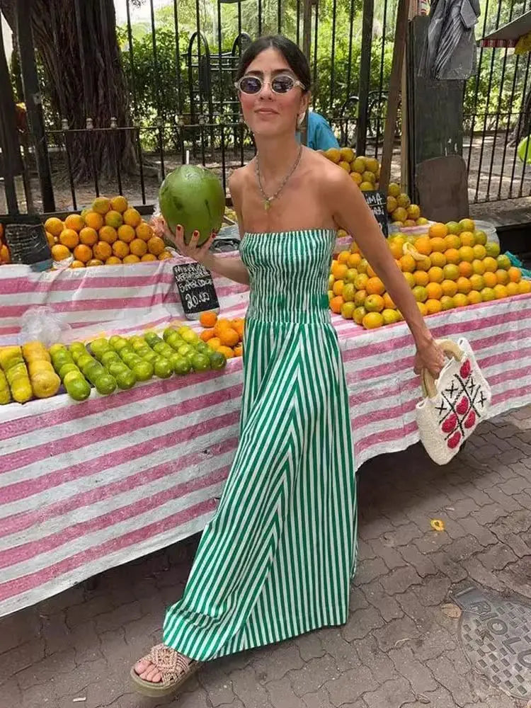 New Green Stripes Maxi Dress Tube Long Beach Dress Off Shoulder Backless Summer Bust Elastic Dresses