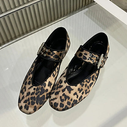 Large Size 43 Round Toe Buckle Strap Flat Shoes Design Style Leopard Print Mule Zapatos De Mujer