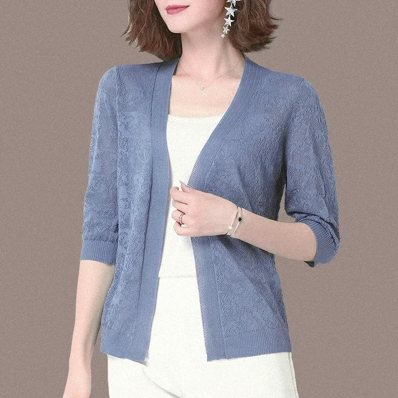 Thin Knitted Cardigan Summer Ice Silk Sun Protection Coat ’s Short Knit Sweater Hollow Out Shawl Jacket