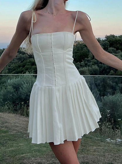 Sweet French Style White Spaghetti Straps a Line Pleated Dresses for Front Hook Closure Fit and Flare Mini Dress