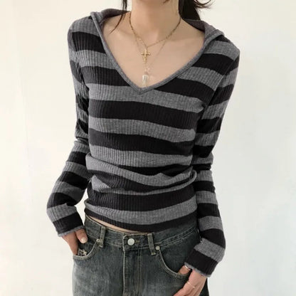 Vneck Striped Simple Knitted Tops Mujer Street Allmatch Hoodie Coat Y2k Slim Fit Long Sleeve Pullovers