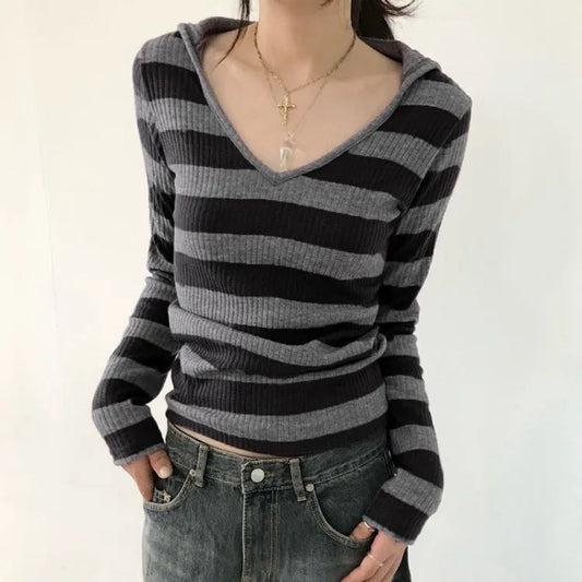 Vneck Striped Simple Knitted Tops Mujer Street Allmatch Hoodie Coat Y2k Slim Fit Long Sleeve Pullovers