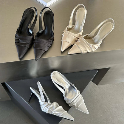 Satin Pleat Pointed Toe Pumps Slingbacks Thin Heels Shoes Banquet Party Female Sandals