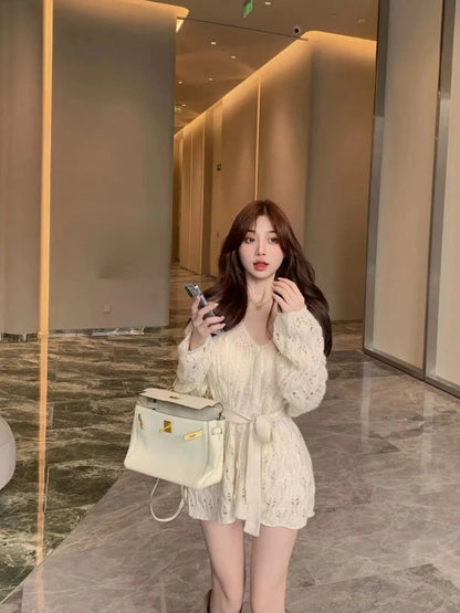 Knitted Sweater Bandage Hollow Out Long Sleeve Loose Stretch V Neck Pullover Ins Female Jumper