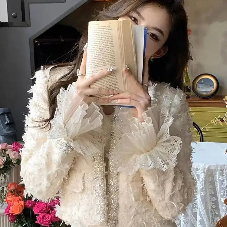 Fringed Tweed Coat New Autumn Long Sleeves Heavy Industry Embroidered Bell Bottoms Stitching Lace .