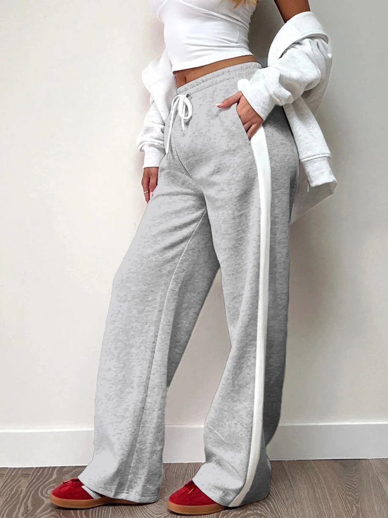 Gray Drawstring Elastic High Waist Sweatpants Side Stripe Contrast Patchwork Black Loose Jogging Track Pants