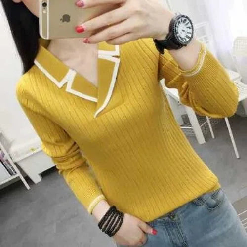 Autumn Winter Style Knitted Pullover Tops Lady V-neck Knitted Pullover Sweater Df4922