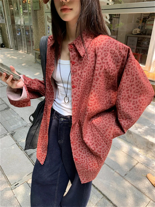 Ankela Red Jackets Leopard Loose New Autumn All Match Coats Denim Wide Leg Jeans
