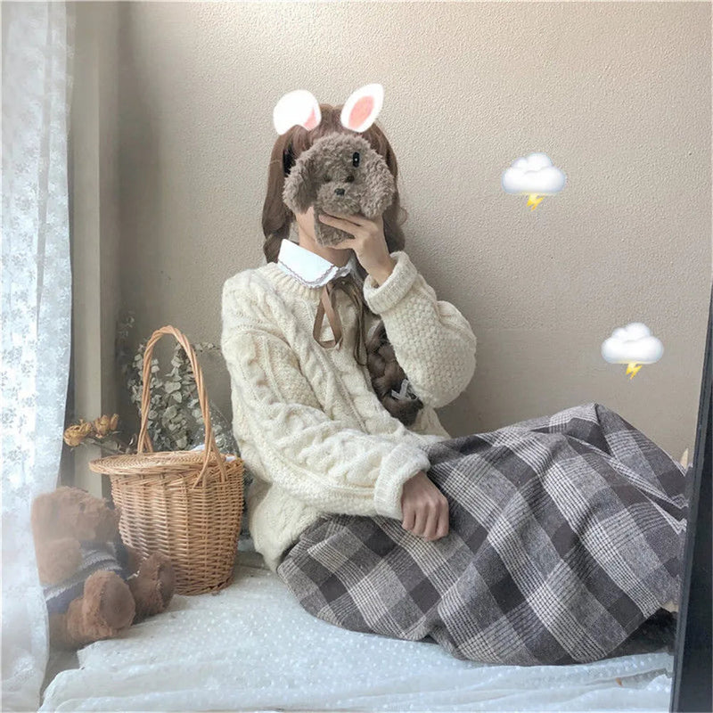 Japanese Rainbow High Waist Aline Wool Plaid Skirt Female Students Preppy Style Wild Midi Skirt Autumn Long Skirt