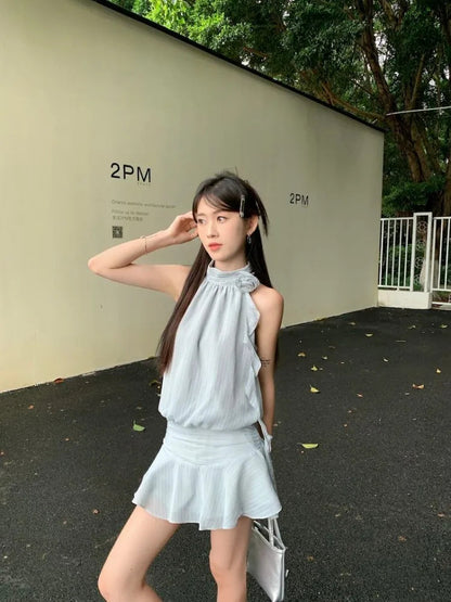Dresses Sleeveless Striped Halter Flowers Ribbon Sweet Mini Dress Party Female