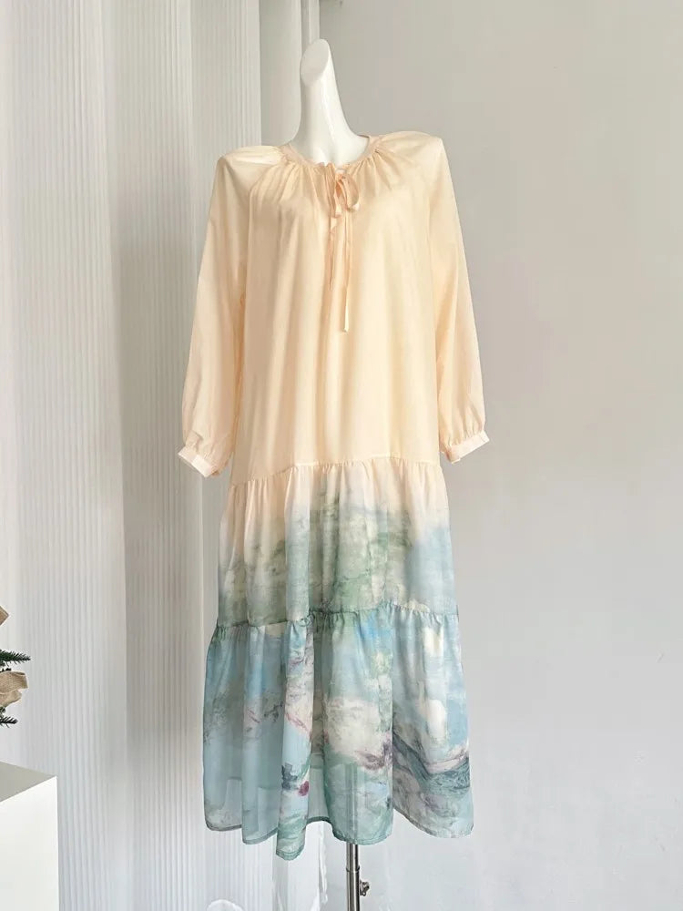 Autumn Oversize Printed Midi Dresses for Long Sleeves Oneck Loose Aline Dress Female New Vestidos Mujer
