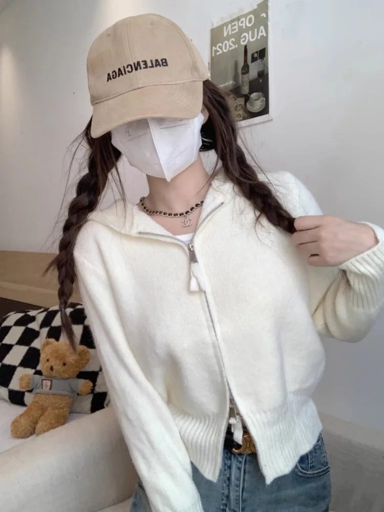 Double Zipper Cropped Knitwear Basic Zip Up Hooded Knitted Cardigan Slim Long Sleeve Sweaters for Winter Clothes