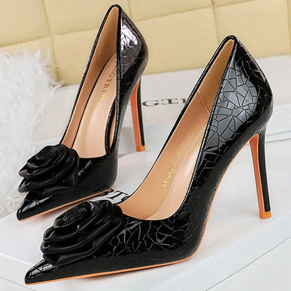 Shoes Stone Patterned Flowers Pumps High Heels Rose Decoration Shoes Stilettos Party Shoes