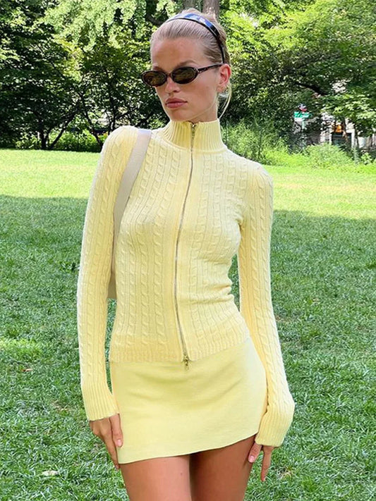 Knitted Zipper Sweater Woman Slim Fit Stand Collar Cardigan Sweaters Lady Autumn Versatile Street Knitwear