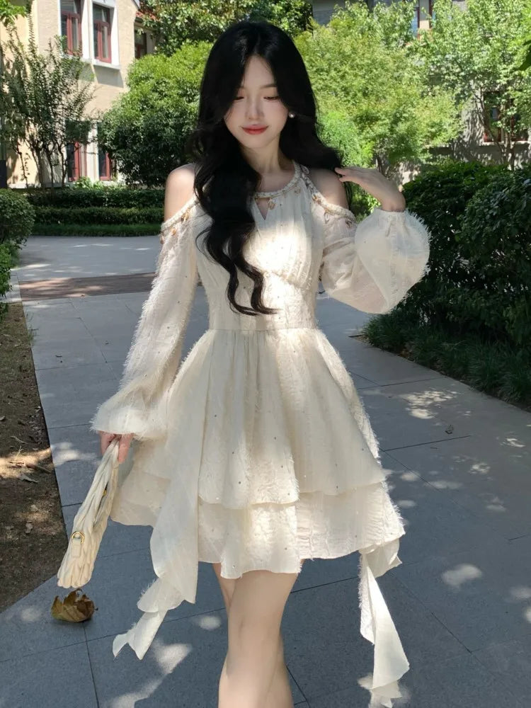 Irregular Ruffles Shell Decoration Mini Dress Autumn Winter Long Sleeve Off Shoulder Fairy Evening Sequin Vestidos
