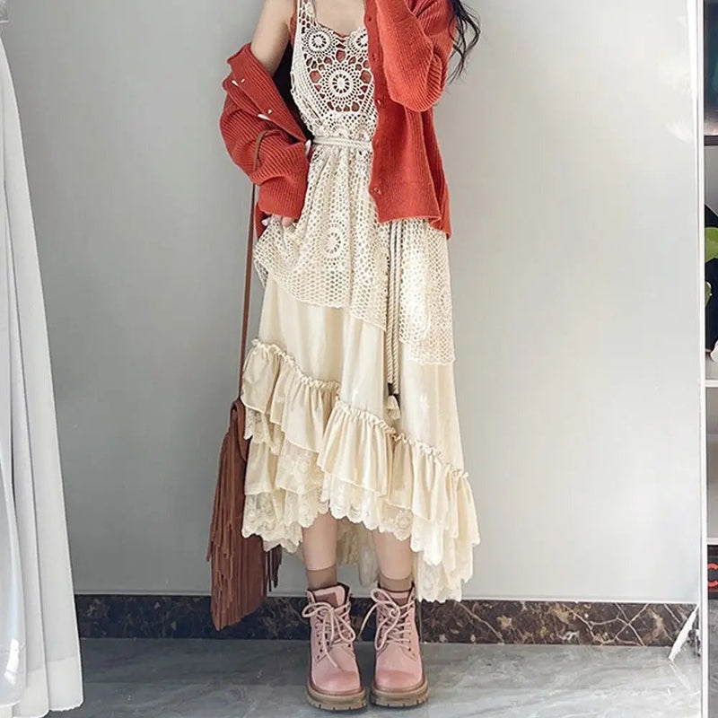 Autumn and Winter Forest Style Lace Splicing Thick Velvet Long Skirts for High Waist Aline Cake Skirt