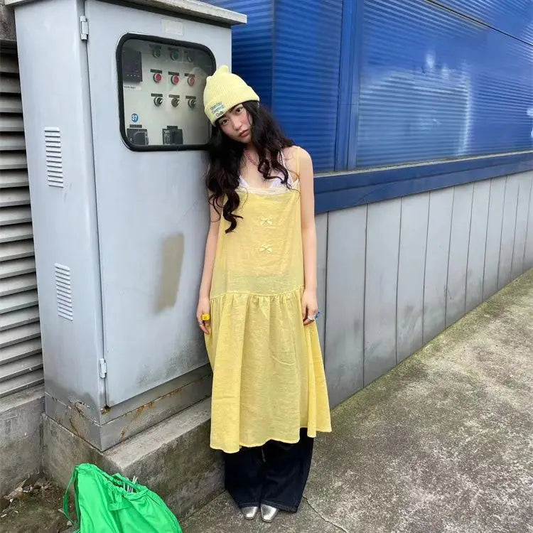 Summer French Vacation Style Lemon Yellow Splicing Lace Bow Strap Camisole Dress for Thin Loose Aline Long Dress