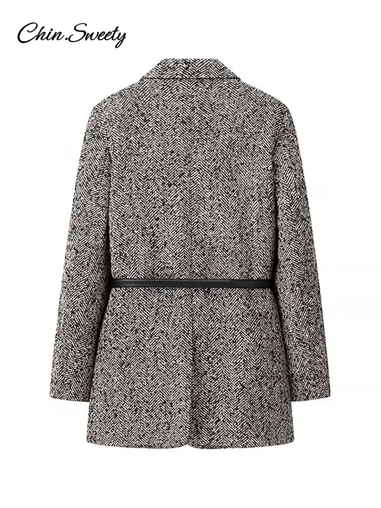Winter With Belt Blazer Coat Loose Lapel Tweed Wool Blends Warm Jacket Temperament Commuting Lady Outwear
