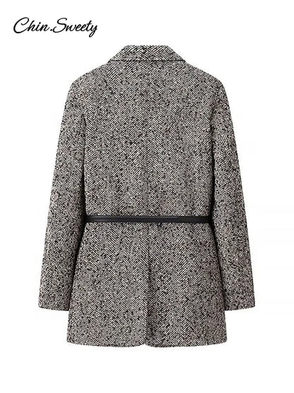 Winter With Belt Blazer Coat Loose Lapel Tweed Wool Blends Warm Jacket Temperament Commuting Lady Outwear