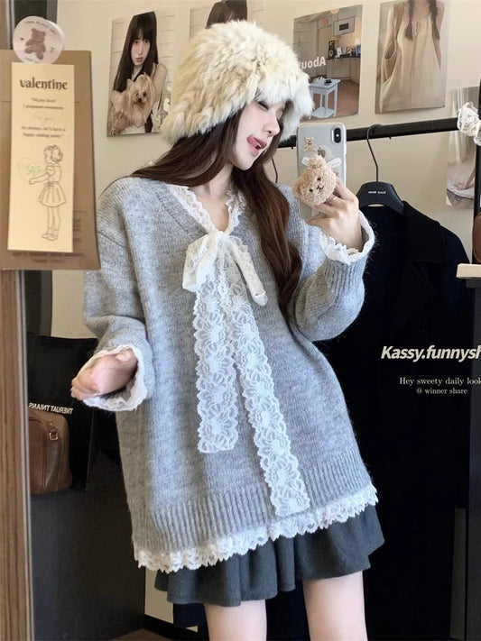 Lace Patchwork Ribbed Sweater for Cutecore Bow Vneck Knitted Pullovers Winter Warm Fairy Grunge Gray Clothes