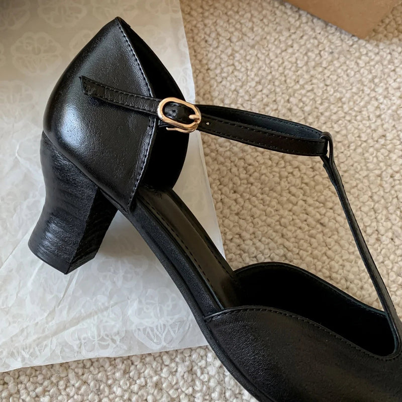 Cow Leather Kitten Heel Pointed Toe Tstrap Pumps Retro Gradient Color Evening Dress Sandals Shoes Woman