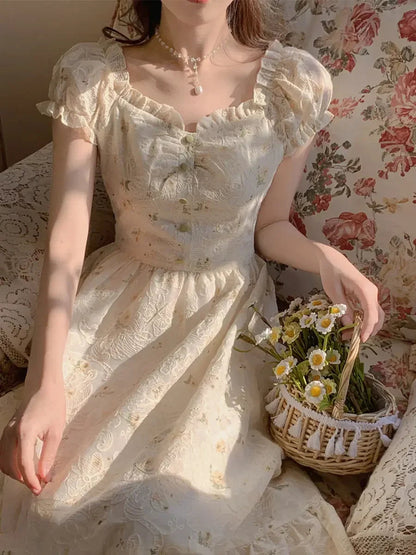 French Style Square Neck Puff Sleeves Dress Summer New Gentle Retro Fairy Forest Style Long Dresses Female
