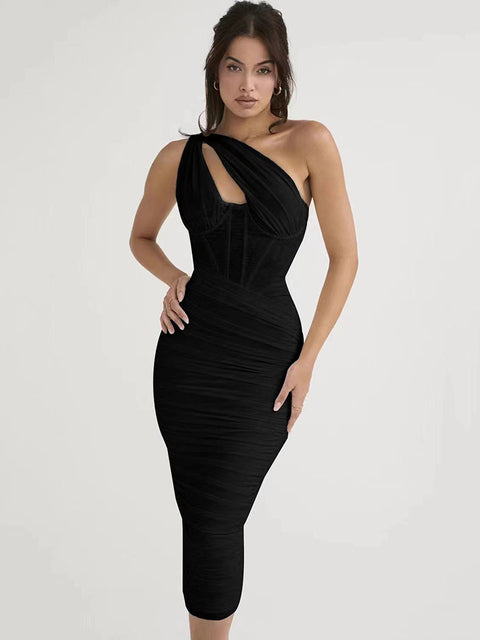 One Shoulder Ruched Midi Dress for Club Party Outfits Summer New Sleeveless Backless Bodycon Long Dress
