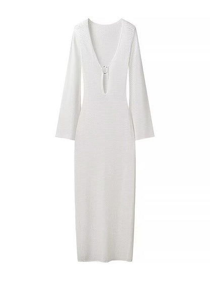Knit Hollow Out Autumn Dress Female See-through V-neck Backless Beach Holiday Maxi Dress Knitwear ’s Dress New