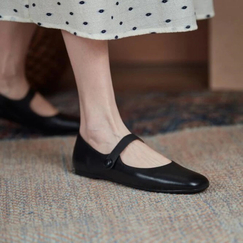 Mary Jane Shoes Spring New Genuine Leather Shoes Buckle Comfortable Flat Shoes