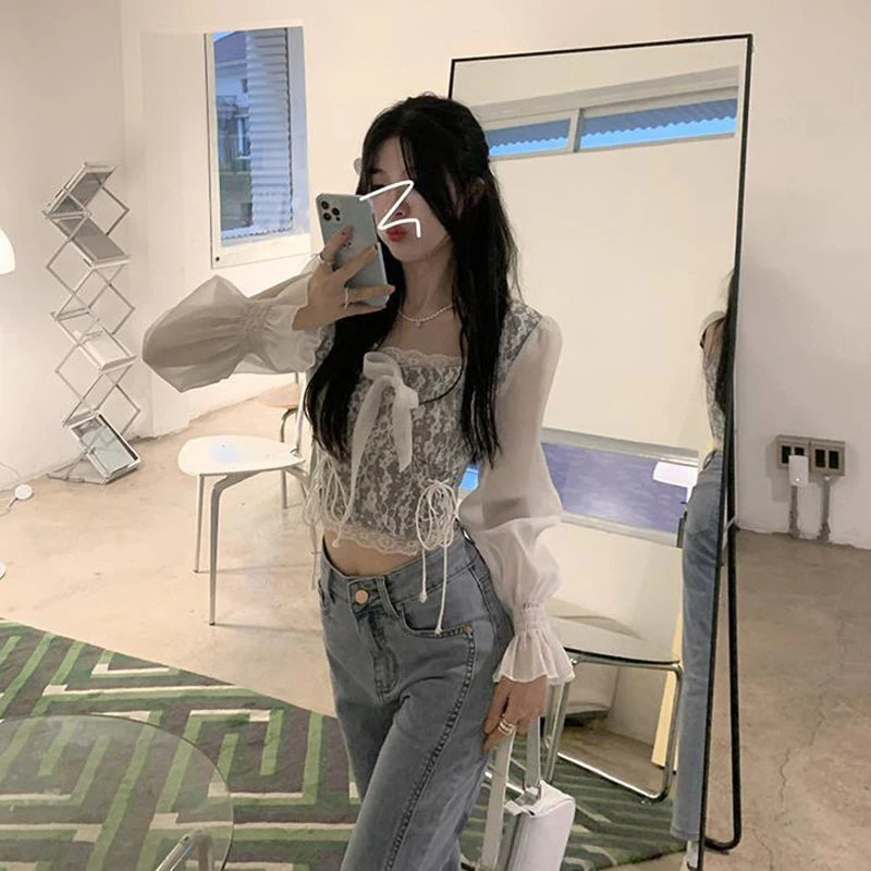 Cropped Shirts Bow Lace Patchwork Blouses Summer Korean Print Square Collar Bandage Long Sleeve Slim Tops