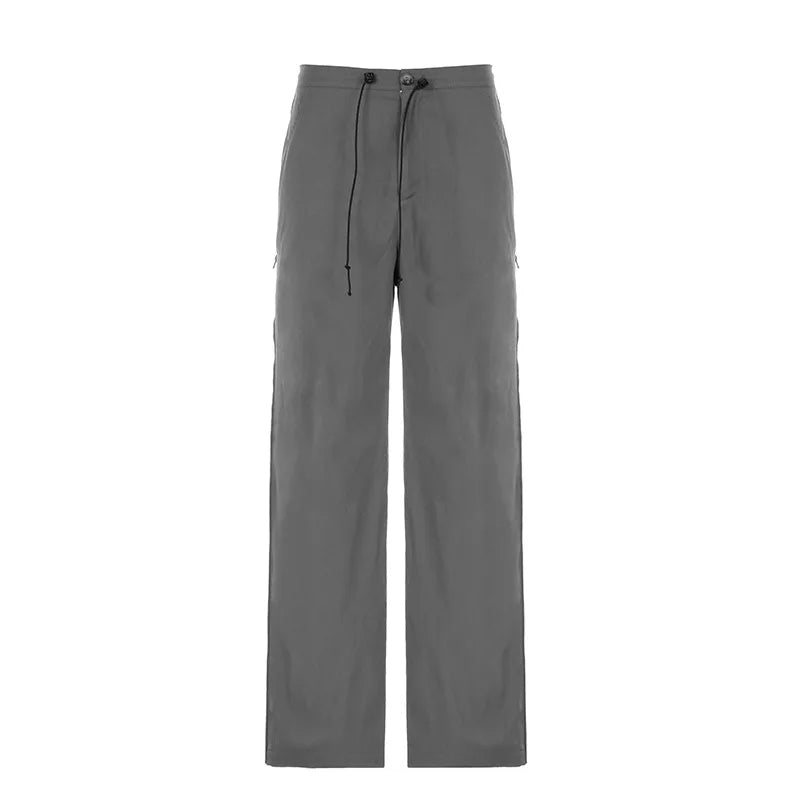 Split Zipper Drawstring Contrast Pants Harajuku Wide Legs Streetpants Autumn High Waist Straight Pants