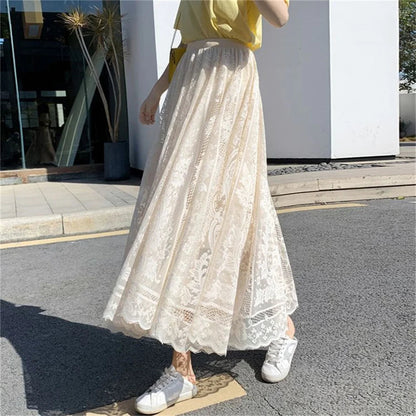 High Waist Hollow Out Female Maxi Skirts Spring Summer Lace Crochet Umbrella Long Skirts
