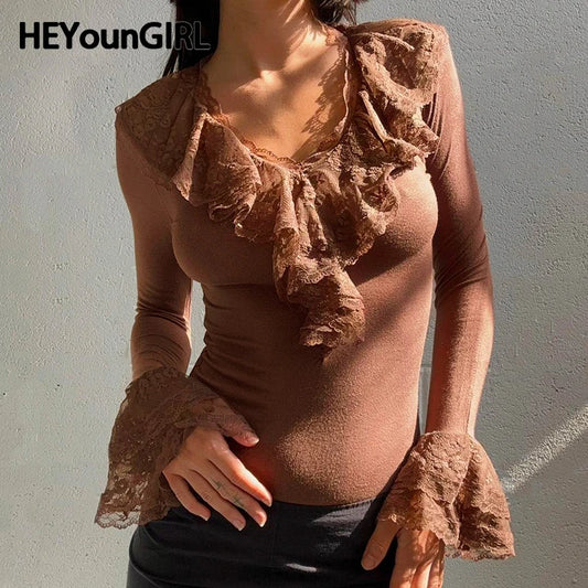 Lace Ruffles Neck Brown T-shirt Y2k Long Sleeve Fitted Top Stylish 2000s Tee Fall