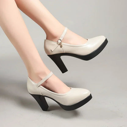 Ankle Strap Thick Heels Pumps for Pu Leather Office High Heeled Shoes Woman's Platform Mary Jane Shoes
