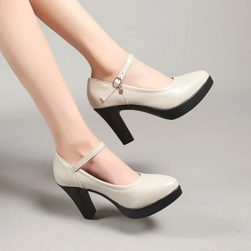 Ankle Strap Thick Heels Pumps for Pu Leather Office High Heeled Shoes Woman's Platform Mary Jane Shoes