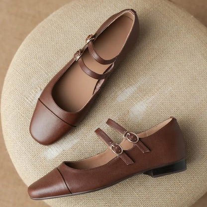 Cow Leather Round Toe Double Metal Buckle Round Toe Mary Jane Flats Leisure Soft Comfortable Ballerinas Shoes Hot