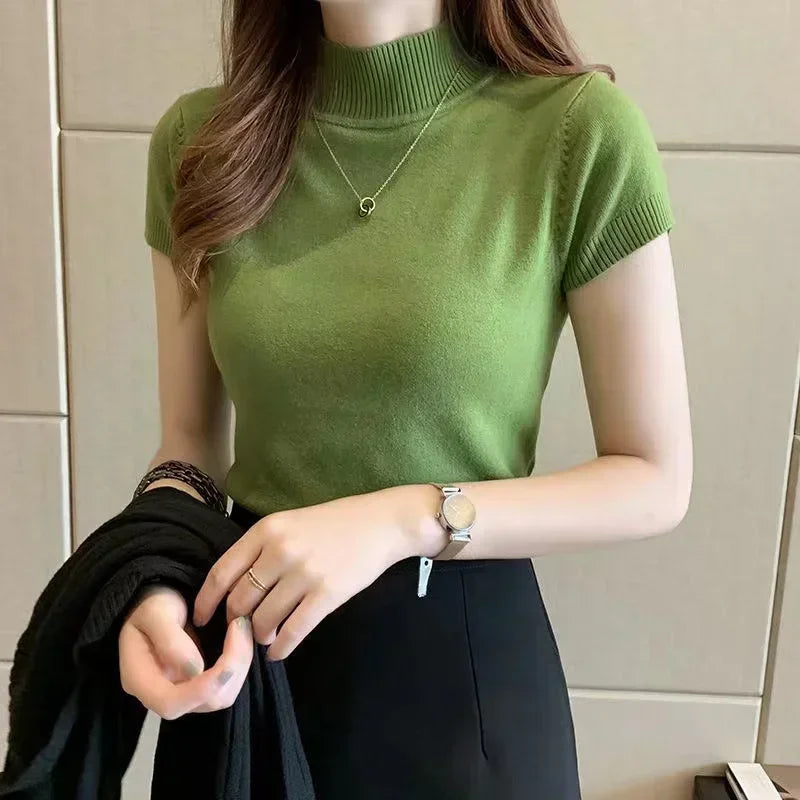 Tops and Blouses Summer Short Sleeve Blouse Blusas Mujer De Moda Turtleneck Knitted Blouse Shirt Tops