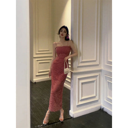 Rose Red Hollow Lace Suspender Dress for in Summer Waisthugging Skirt