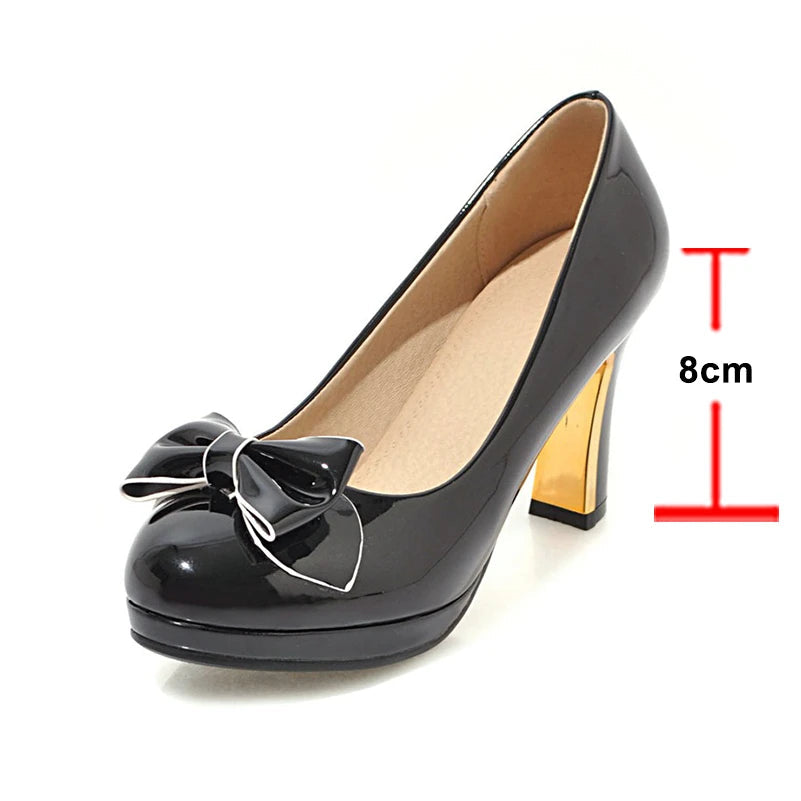 Pumps Round Toe Platform Thick High Heels Bow Shallow Wedding Shoes Spring Autumn Black Beige 43