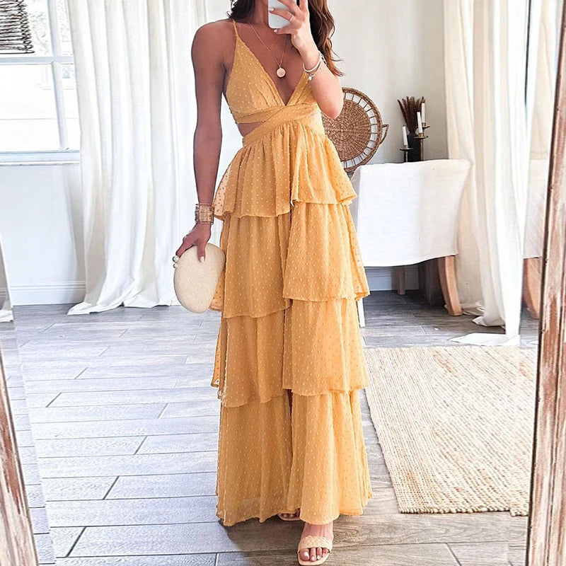 Deep V Neck High Waist Party Dress Hollow Out Backless Chiffon Cake Dress Lady Temperament Holiday Sling Long Dress