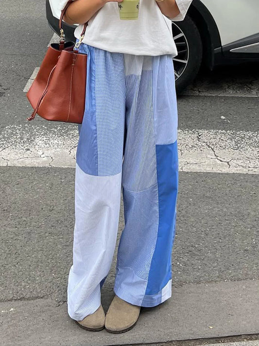 Grunge Aesthic Color Block Blue Stripe Baggy Trousers for Elastic Waist Loose Woven Pants Lazy Homewear