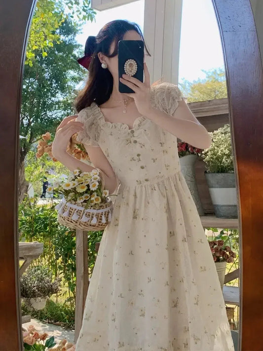 French Style Square Neck Puff Sleeves Dress Summer New Gentle Retro Fairy Forest Style Long Dresses Female