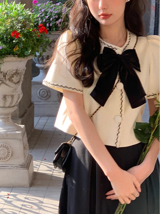 Bow Blouse Short Sleeve Design Oneck Coats Party Y2k Crop Tops Female Korean Clothing Summer