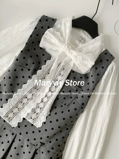 Korean Preppy Style Dress Set Bow Lace Shirt Tops + Polka Dot Mini Dress Commuter 2 Piece Set New